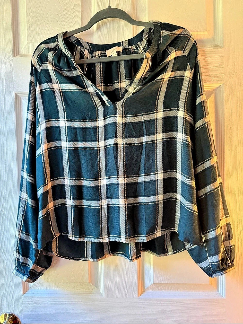 LOFT Plaid Blouse in Dark Green and Gold Shimmer Size Medium Like New
